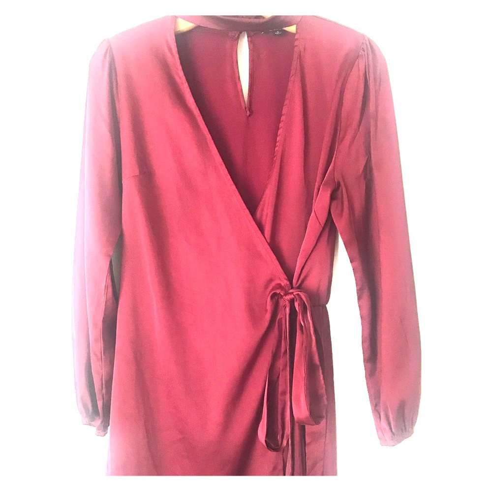 Burgundy Faux Silk Wrap Dress